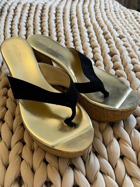Jimmy Choo Black Suede & Gold Cork Platform Thong Sandals
